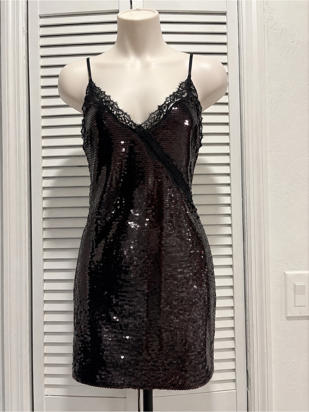 Astr Black Sequin Lace-Trim Slip Dress